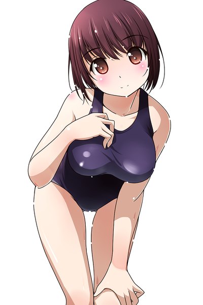 Anime picture 800x1200 with original matsunaga kouyou single tall image looking at viewer blush short hair light erotic simple background white background bare shoulders brown eyes purple hair girl swimsuit one-piece swimsuit school swimsuit