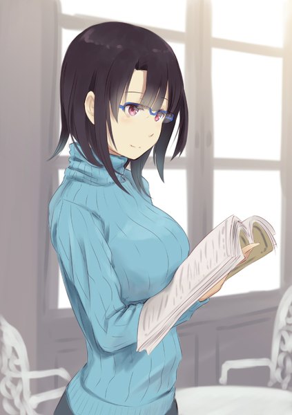 Anime picture 1223x1736 with kantai collection takao heavy cruiser wa (genryusui) single tall image short hair black hair indoors pink eyes alternate costume casual reading girl glasses window sweater chair table magazine
