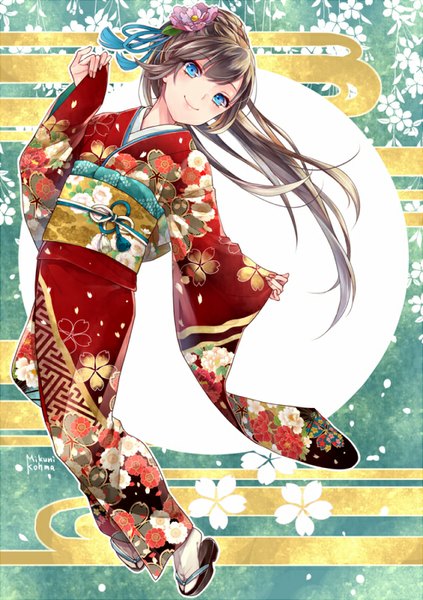 Anime picture 564x800 with original mikuni (mikunik) single long hair tall image looking at viewer blush fringe blue eyes smile brown hair traditional clothes japanese clothes hair flower floral print jumping sayagata girl hair ornament flower (flowers)