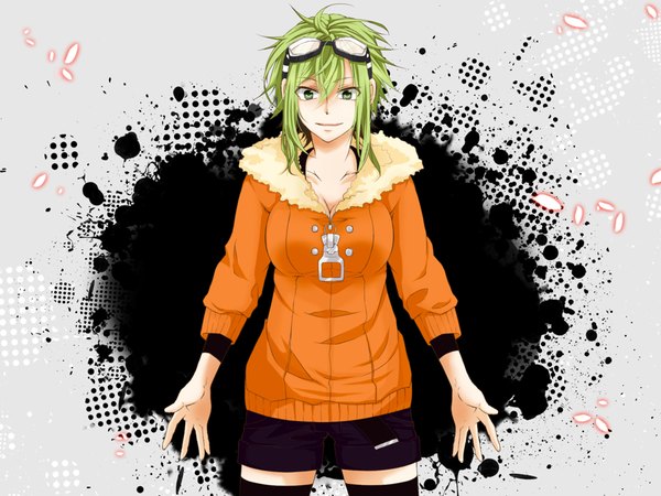Anime picture 1024x768 with vocaloid life reset button (vocaloid) gumi oyatunoousama single fringe short hair hair between eyes standing green eyes green hair fur trim goggles on head girl shorts fur goggles zipper