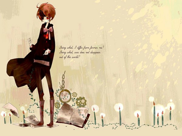 Anime picture 1024x768 with d.gray-man lavi single short hair simple background red eyes brown hair light boy bow plant (plants) heart book (books) cloak eyepatch bandana candle (candles) gears paint
