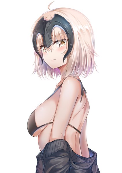 Anime picture 2500x3547 with fate (series) fate/grand order jeanne d'arc (fate) (all) jeanne d'arc alter (fate) nyung single tall image looking at viewer blush fringe highres short hair breasts light erotic simple background hair between eyes white background yellow eyes silver hair upper body