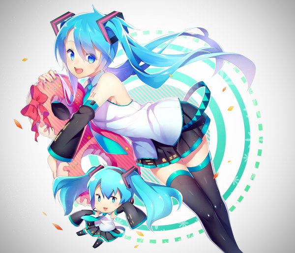 Anime picture 2315x1990 with vocaloid hatsune miku niwashi (yuyu) long hair looking at viewer highres open mouth blue eyes smile twintails bare shoulders multiple girls blue hair long sleeves nail polish pleated skirt grey background wide sleeves tattoo zettai ryouiki