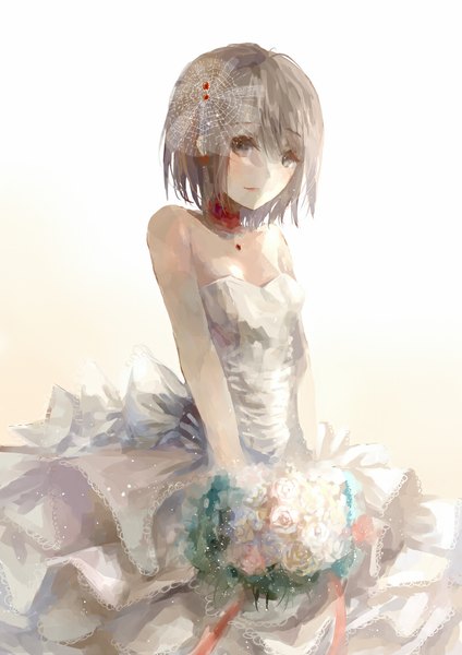 Anime picture 800x1131 with shingeki no kyojin production i.g mikasa ackerman winni single tall image looking at viewer blush fringe short hair simple background brown hair standing white background bare shoulders brown eyes light smile girl dress hair ornament