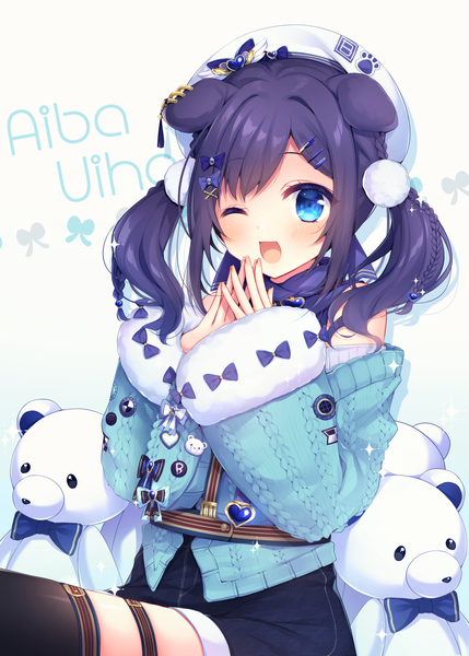 Anime picture 1500x2098 with virtual youtuber nijisanji aiba uiha ytuorvi single long hair tall image blush open mouth blue eyes twintails animal ears blue hair looking away one eye closed fur trim character names ;d fingers together girl