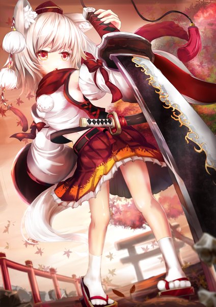 Anime picture 1000x1414 with touhou inubashiri momiji umagenzin single tall image short hair red eyes animal ears looking away white hair tail animal tail wide sleeves wolf ears wolf tail foreshortening girl skirt weapon detached sleeves