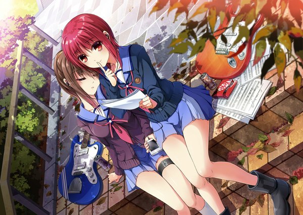 Anime picture 1176x838 with angel beats! key (studio) iwasawa masami hisako (angel beats!) tazu looking at viewer short hair red eyes brown hair sitting multiple girls red hair eyes closed finger to mouth girl skirt uniform 2 girls school uniform headphones