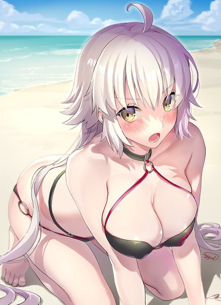 Anime picture 870x1200 with fate (series) fate/grand order jeanne d'arc (fate) (all) jeanne d'arc alter (fate) jeanne d'arc alter (swimsuit berserker) (fate) sage joh single long hair tall image looking at viewer blush fringe breasts open mouth light erotic hair between eyes large breasts bare shoulders signed yellow eyes