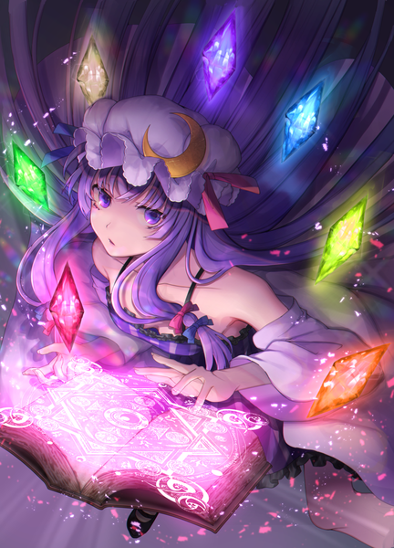 Anime picture 1164x1618 with touhou patchouli knowledge 13 (spice!!) single long hair tall image looking at viewer fringe purple eyes payot purple hair blunt bangs parted lips off shoulder floating hair magic glowing crescent girl dress