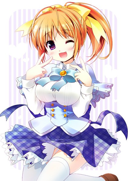 Anime picture 600x849 with original sasai saji single tall image looking at viewer breasts open mouth large breasts purple eyes ahoge bent knee (knees) ponytail one eye closed wink orange hair victory girl thighhighs uniform bow