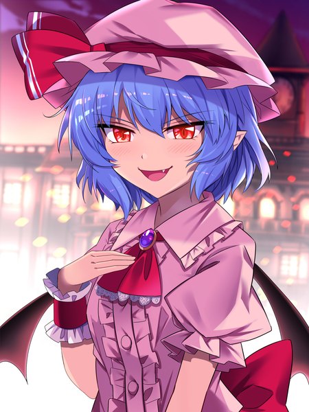 Anime picture 2000x2666 with touhou remilia scarlet e.o. single tall image blush fringe highres short hair open mouth hair between eyes red eyes blue hair upper body :d pointy ears fang (fangs) puffy sleeves girl hat