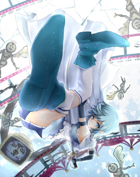 Anime picture 1000x1261 with mahou shoujo madoka magica shaft (studio) miki sayaka aeve (artist) single tall image short hair blue eyes blue hair girl thighhighs dress gloves weapon white thighhighs sword elbow gloves