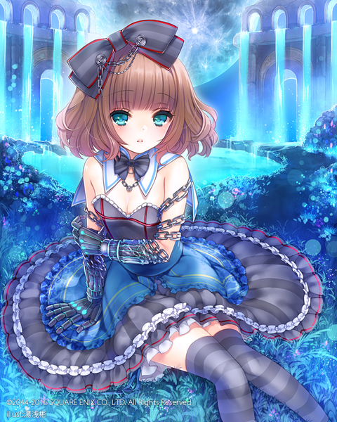 Anime picture 675x844 with lost crusade square enix yuasa akira single tall image looking at viewer blush fringe short hair brown hair sitting bare shoulders signed blunt bangs aqua eyes arm support zettai ryouiki lolita fashion waterfall 2016