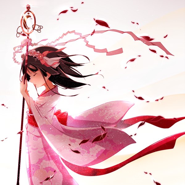 Аниме картинка 1200x1200 с оригинальное изображение dennryuurai один (одна) короткие волосы чёрные волосы белый фон закрытые глаза японская одежда профиль девушка лепестки повязка на волосы кимоно