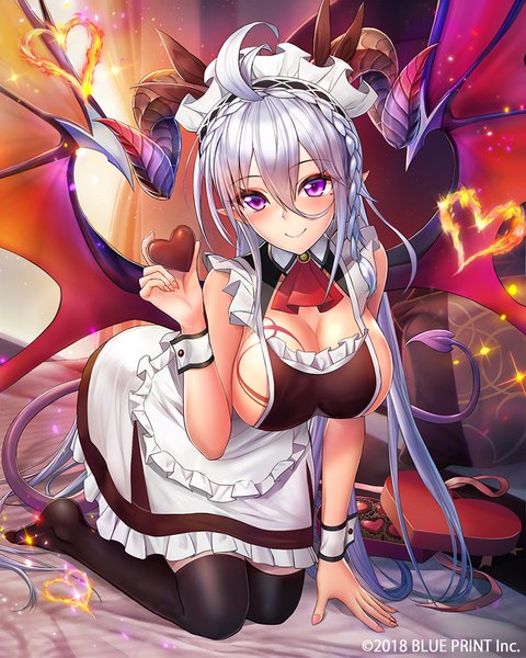 Anime picture 800x1000 with lost crusade square enix asmodeus (lost crusade) morichika shuuto single tall image looking at viewer blush fringe breasts light erotic smile hair between eyes large breasts purple eyes bare shoulders holding payot cleavage silver hair