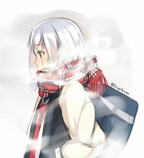 Anime picture 1000x1100 with kantai collection murakumo destroyer hiiragi hajime single long hair tall image blush fringe red eyes signed looking away white hair profile open clothes open jacket close-up exhalation cold girl necktie