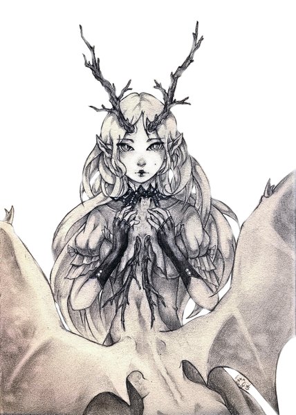 Anime picture 1924x2694 with original basti rin single long hair tall image looking at viewer highres white background horn (horns) lips pointy ears mole puffy sleeves mole under eye traditional media abstract girl dress gloves wings