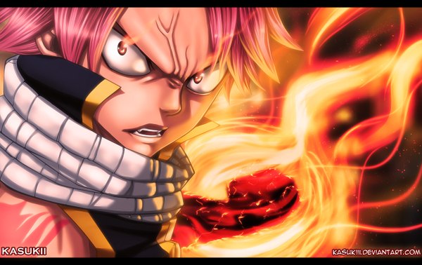 Anime picture 1300x820 with fairy tail natsu dragneel kasukiii single short hair open mouth red eyes pink hair tattoo sleeveless coloring magic portrait angry boy scarf fire