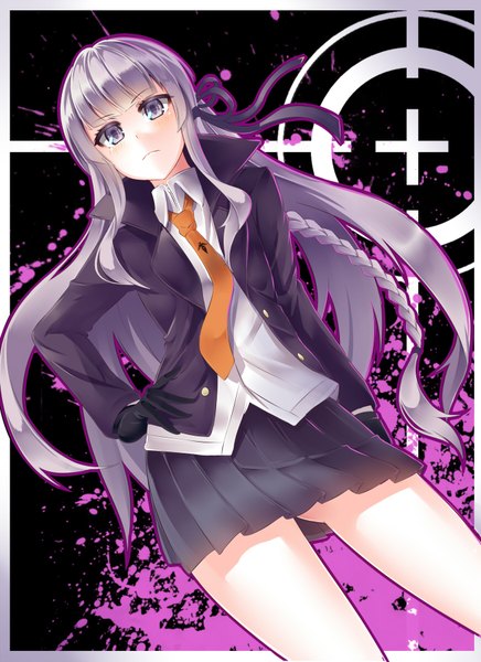 Anime picture 1308x1800 with dangan ronpa kirigiri kyouko paparins (artist) single long hair tall image looking at viewer blush silver hair hand on hip silver eyes girl skirt gloves ribbon (ribbons) hair ribbon shirt necktie jacket black skirt