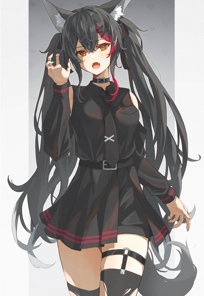 Anime-Bild 1500x2175 mit virtual youtuber hololive ookami mio norio (noriosub) single long hair tall image fringe open mouth black hair hair between eyes twintails animal ears tail animal tail multicolored hair orange eyes streaked hair outside border wolf ears