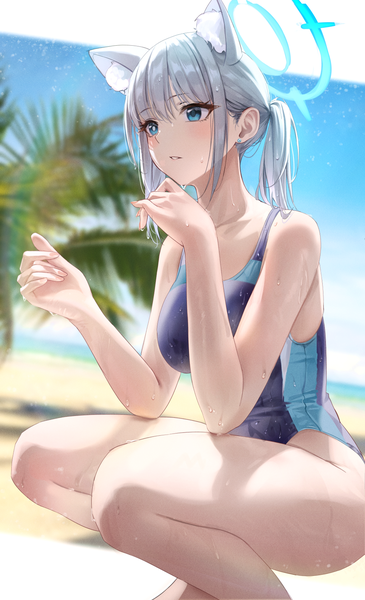 Anime picture 1000x1643 with blue archive shiroko (blue archive) shiroko (swimsuit) (blue archive) po ppe single long hair tall image blush fringe breasts blue eyes light erotic hair between eyes animal ears payot looking away sky silver hair bent knee (knees) outdoors