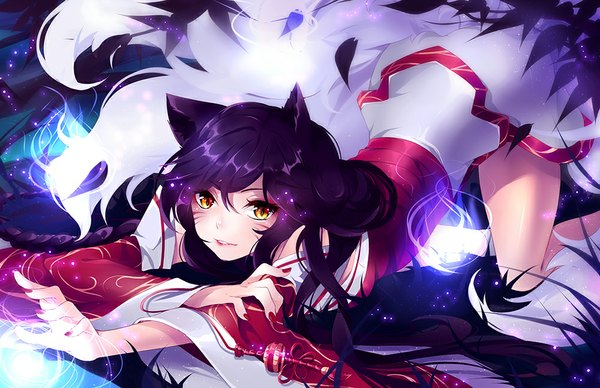 Anime picture 1000x647 with league of legends ahri (league of legends) squchan single long hair blush smile animal ears yellow eyes purple hair nail polish traditional clothes lips wide sleeves fox ears magic facial mark arched back whisker markings red nail polish