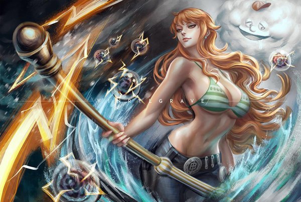 Anime picture 1080x724 with one piece toei animation nami (one piece) zeus (one piece) vinrylgrave single long hair blush fringe breasts open mouth light erotic large breasts standing holding brown eyes signed looking away cleavage cloud (clouds)