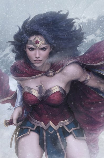 Anime-Bild 856x1300 mit dc comics wonder woman artgerm (stanley lau) single long hair tall image looking at viewer breasts black hair signed outdoors parted lips wind lips realistic grey eyes snowing snow exhalation fighting stance