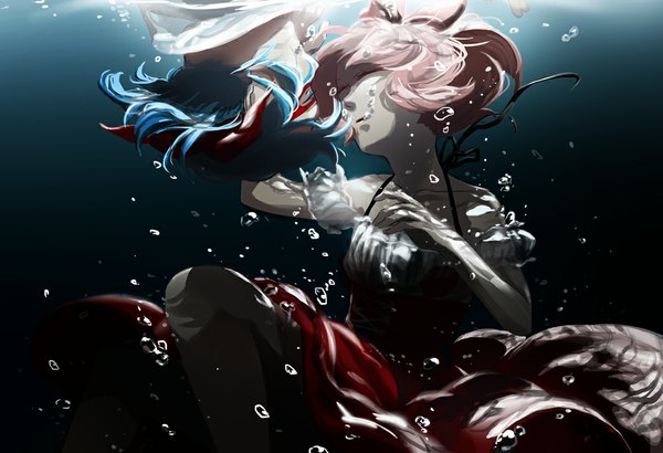 Anime picture 1024x700 with happy tree friends splendid (htf) giggles leaf (artist) bare shoulders blue hair pink hair eyes closed sunlight couple underwater personification girl dress boy bow hair bow water mask bubble (bubbles)