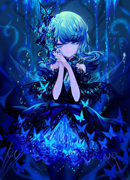 Anime picture 2900x4000 with original sheya single long hair tall image looking at viewer fringe highres smile standing bare shoulders signed nail polish head tilt aqua eyes aqua hair arms up girl dress insect