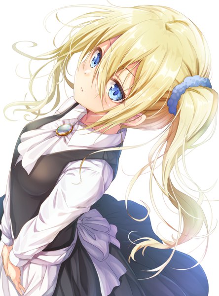 Anime picture 780x1052 with kaguya-sama wa kokurasetai ~tensai-tachi no renai zunousen~ a-1 pictures hayasaka ai matokechi single long hair tall image blush fringe blue eyes blonde hair simple background hair between eyes standing white background payot looking away maid floating hair side ponytail