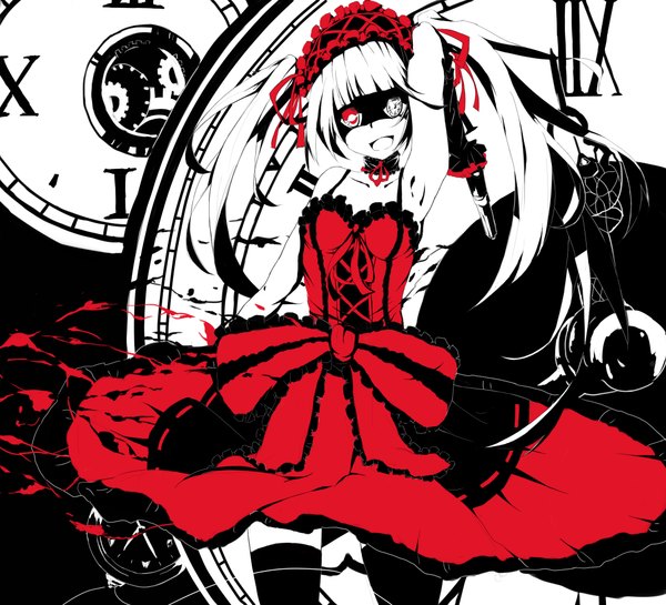 Anime picture 2200x2000 with date a live tokisaki kurumi single long hair highres open mouth red eyes twintails bare shoulders heterochromia lolita fashion girl thighhighs dress weapon black thighhighs headdress gun clock pocket watch