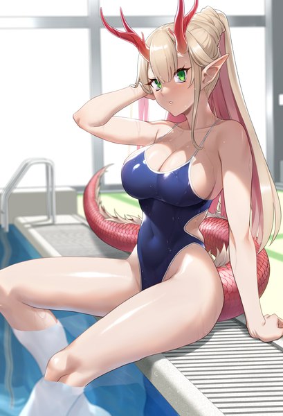 Anime picture 3450x5060 with original prime single long hair tall image looking at viewer blush fringe highres breasts light erotic blonde hair hair between eyes large breasts sitting green eyes payot absurdres cleavage ponytail
