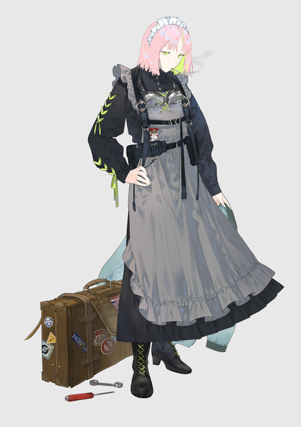 Anime picture 2000x2828 with original kurohal single tall image highres short hair simple background standing green eyes pink hair full body grey background maid hand on hip smoking goggles around neck girl uniform headdress maid headdress