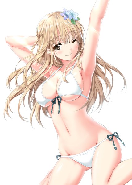 Anime picture 817x1145 with original kyariko single long hair tall image blush fringe breasts light erotic simple background blonde hair smile hair between eyes large breasts white background sitting bare shoulders brown eyes payot bent knee (knees)