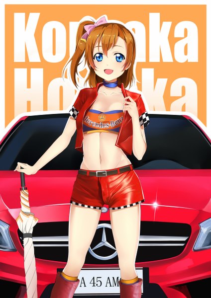 Anime picture 890x1260 with love live! school idol project sunrise (studio) love live! mercedes-benz kousaka honoka qiuzhi huiyi single tall image looking at viewer blush short hair blue eyes brown hair open clothes open jacket one side up closed umbrella girl bow hair bow