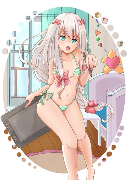 Anime picture 1000x1402 with eromanga sensei a-1 pictures izumi sagiri tibaya8 single long hair tall image looking at viewer blush fringe breasts open mouth light erotic standing holding silver hair full body bent knee (knees) indoors braid (braids)