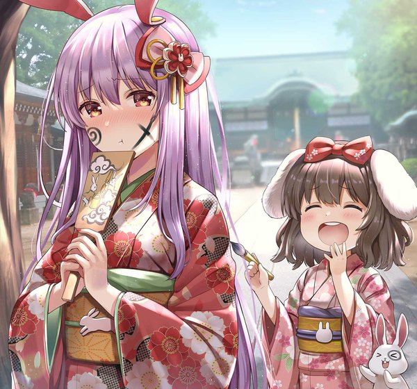 Anime picture 1500x1399 with touhou reisen udongein inaba inaba tewi yuuka nonoko long hair blush short hair open mouth black hair red eyes multiple girls animal ears purple hair outdoors eyes closed traditional clothes japanese clothes teeth bunny ears ^ ^