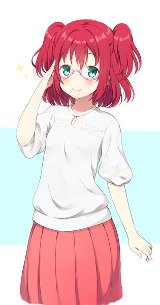 Anime picture 840x1596 with love live! sunshine!! sunrise (studio) love live! kurosawa ruby clare (puyo2) single tall image looking at viewer blush short hair smile red hair pleated skirt aqua eyes two side up alternate costume bespectacled girl skirt glasses