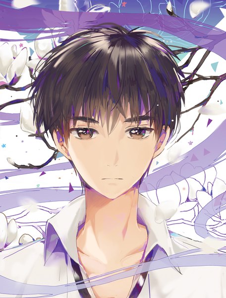 Anime picture 800x1053 with card captor sakura clamp kinomoto touya dangmill single tall image looking at viewer fringe short hair brown eyes boy flower (flowers)