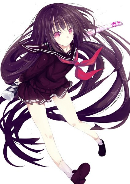 Anime picture 620x877 with original hizaka single tall image looking at viewer fringe simple background white background purple eyes very long hair pleated skirt pink eyes bare legs leaning leaning forward sheathed girl skirt uniform weapon