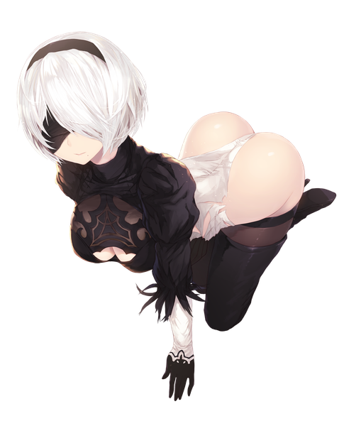 Anime picture 3520x4351 with nier nier:automata yorha no. 2 type b cait single tall image fringe highres short hair breasts light erotic large breasts absurdres cleavage ass white hair from above light smile hair over one eye mole