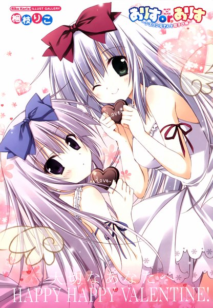 Anime picture 2079x3000 with alice or alice airi (alice or alice) rise (alice or alice) korie riko long hair tall image blush fringe highres breasts smile hair between eyes purple eyes multiple girls holding green eyes signed upper body white hair one eye closed