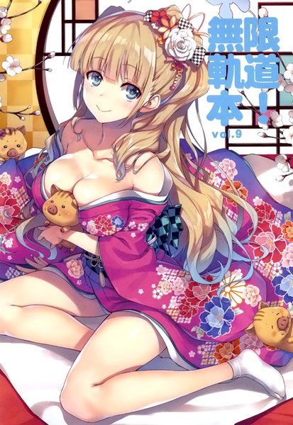 Anime picture 2068x3000 with original tomose shunsaku single long hair tall image looking at viewer blush fringe highres breasts blue eyes light erotic blonde hair smile large breasts sitting bare shoulders cleavage full body blunt bangs