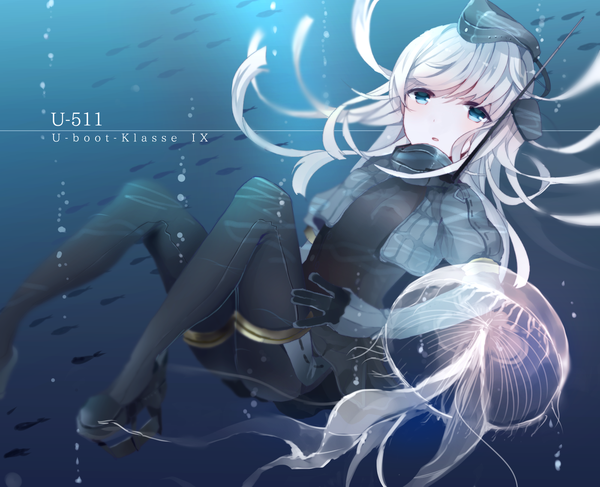 Anime picture 1600x1300 with kantai collection u-511 submarine kumahara (artist) single long hair fringe open mouth blue eyes white hair puffy sleeves character names looking up pale skin underwater military girl dress gloves uniform pantyhose