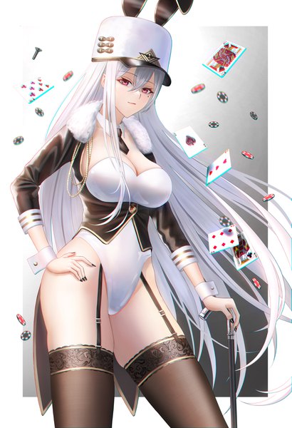 Anime picture 2802x4096 with azur lane sovetskaya rossiya (azur lane) you (yoyou) single long hair tall image looking at viewer fringe highres breasts light erotic simple background hair between eyes red eyes standing cleavage silver hair mole fur trim hand on hip