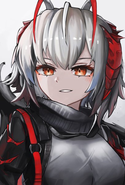 Anime picture 1056x1558 with arknights w (arknights) kari90909 single tall image looking at viewer fringe short hair breasts simple background ahoge horn (horns) grey hair open jacket orange eyes gradient background portrait clenched teeth girl jacket