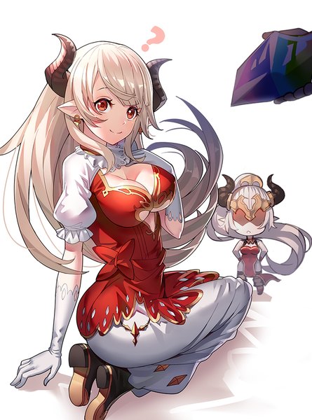 Anime picture 742x1000 with granblue fantasy aliza (granblue fantasy) alicia (granblue fantasy) ririko (zhuoyandesailaer) long hair tall image looking at viewer fringe breasts light erotic simple background blonde hair smile red eyes large breasts standing white background cleavage full body ponytail