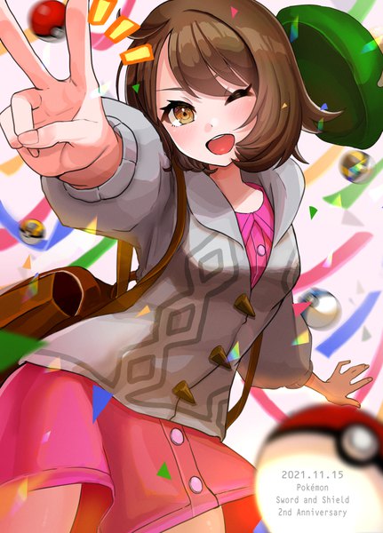 Anime picture 863x1200 with pokemon pokemon (game) pokemon swsh nintendo gloria (pokemon) setta shu single tall image looking at viewer short hair open mouth brown hair brown eyes one eye closed wink copyright name dated victory ;d hat removed