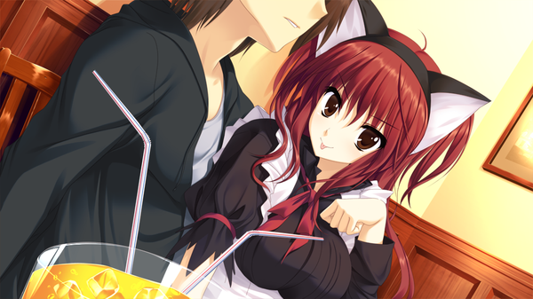 Anime picture 1024x576 with nekonade distortion nanakase yui long hair red eyes wide image animal ears game cg red hair cat ears maid couple :p girl boy